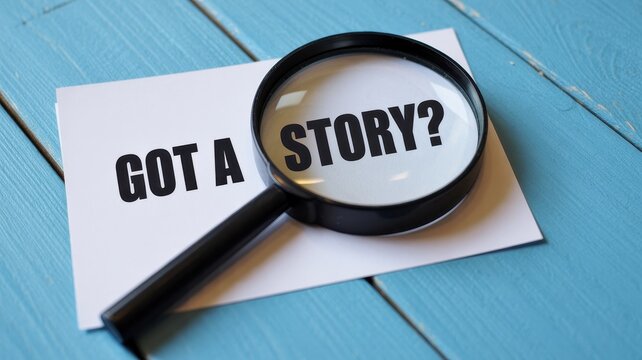 Vibrant photo of Got a Story? question under a magnifying glass on white paper, on a blue wooden table