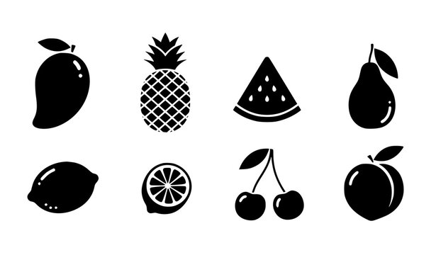 Fruit silhouette icon vector set with mango pineapple watermelon lemon cherry and peach isolated on white background