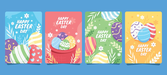 Fototapeta premium Four colorful easter card illustrations with eggs and festive decorations