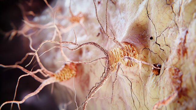 Human neuron cell with multiple dendrites and axon on the brain cortex surface in a detailed medical illustration