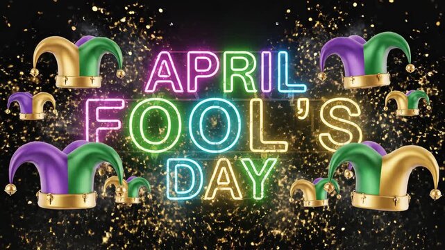 Neon April Fool's Day text with jester hats and festive sparks