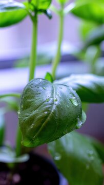 Vertical Macro Photograph Of Fresh Basil Leaves With Natural Water Droplets