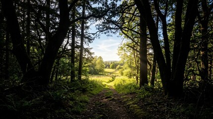 Fototapeta premium Sunlit Forest Path Bathed in Golden Hour Light.