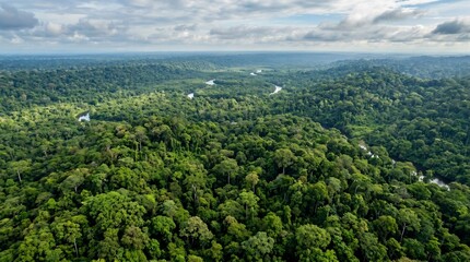 Obraz premium Vast Amazon Rainforest Canopy with Winding River Under Cloudy Sky.