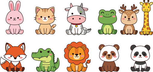 Obraz premium Set of Cute Kawaii Animal Characters Including Lion, Panda, Fox, Giraffe, and Rabbit, Flat Vector Illustration Icons for Kids Nursery Design, Stickers, and Baby Shower Decor.