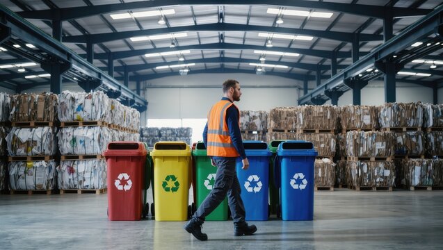 Workers sort waste efficiently in a spacious recycling facility to promote sustainability and environmental awareness