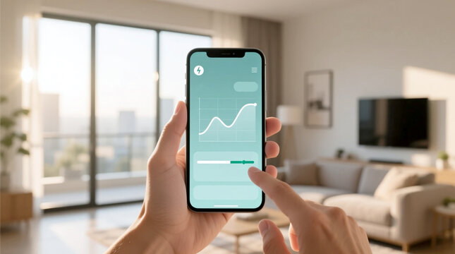 Person holding smartphone with energy management app in modern living room showcasing Smart Living Ecosystem for sustainable energy control and monitoring