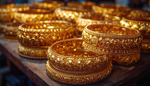 Ornate gold bangles with intricate filigree and embossed floral designs showcasing rich detail and traditional craftsmanship on display