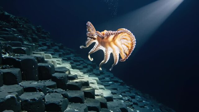 Underwater Octopus Swimming Near Rocks in the Deep Ocean.