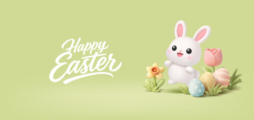 Obraz premium Happy bunny character jumping in spring flowers and grass, Easter eggs. Happy Easter greetings. Spring banner. Vector illustration.