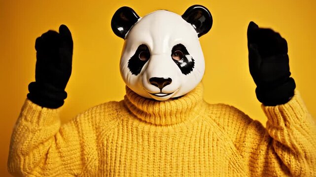 Person wearing panda mask and yellow sweater raising hands playfully