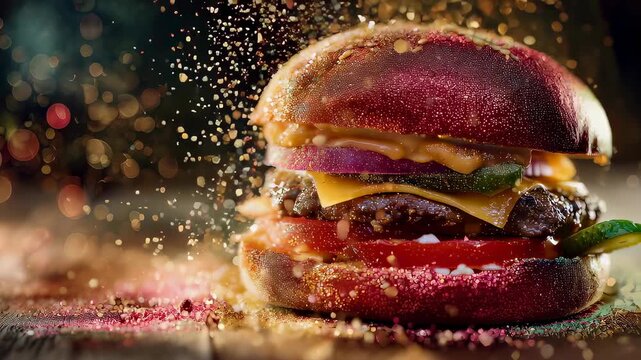 Gourmet close-up of juicy cheeseburger with melted cheddar, crisp lettuce and tomato on toasted sesame brioche bun in dramatic restaurant lighting