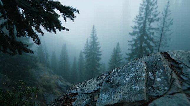 A misty fog surrounds tall pine trees on a rocky mountain slope