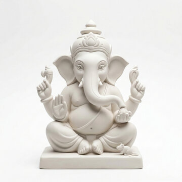 minimal white clay ganesha idol with mouse isolated on white background hindu spiritual sculpture for ganesh chaturthi