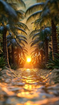 Tropical paradise with sunlit pathway through palm trees at golden hour splendor