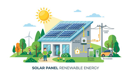 House with Solar Panels and Renewable Energy. © bestanas