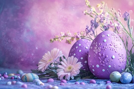 Artistic purple Easter eggs with embossed patterns surrounded by delicate pink flowers and small pastel candies