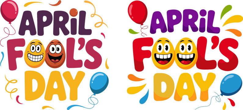 April Fools Day Greeting Card with Funny Cartoon Egg Characters, Colorful Balloons, and Confetti Elements for Holiday Celebration and Pranks