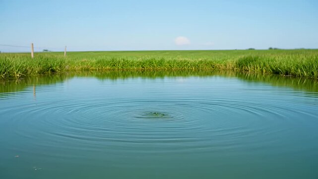 Rows of Vibrant Green Lettuce Growing in a Sunlit Field With a Single Sheep Grazing Nearby and Ripples on Water in the Background