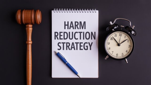 Vibrant photo of Harm reduction strategy concept with gavel and clock