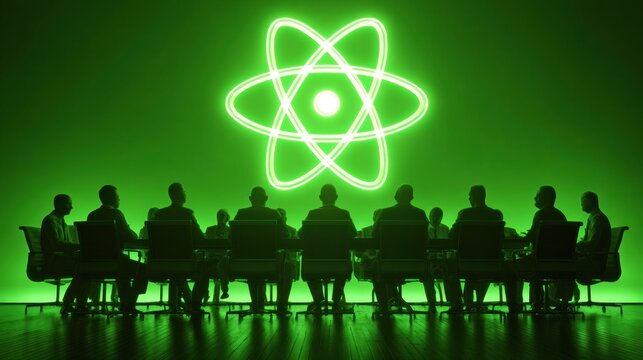 Silhouetted figures sit around a negotiation table as an atomic symbol is projected above them in a green-lit room during a discussion on science.