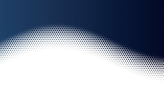 Abstract dark blue and white gradient background with a wave of small hexagonal halftone dots, ideal for modern digital design, business presentations, and website banners.