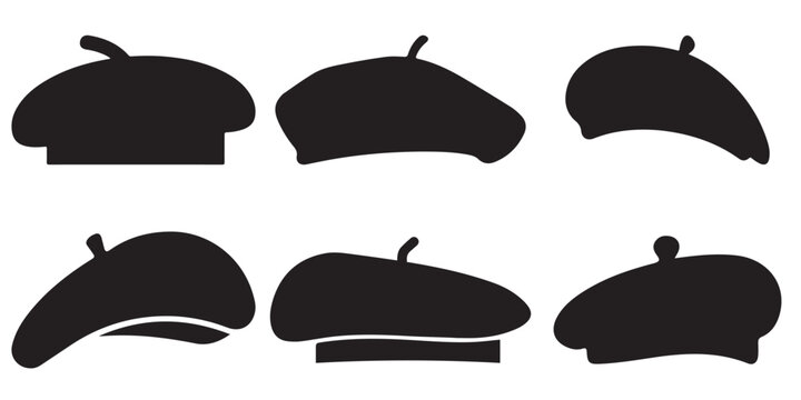 French Beret Hat Icon Set Vector &ndash; Classic Black Artist Berets, Hand-Drawn and Silhouette Collection for Fashion, 
Style, and Artistic Accessories Design