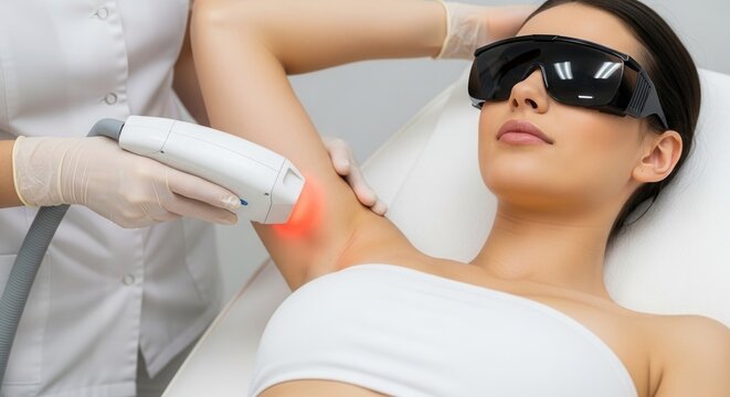 Modern laser hair removal procedure on female underarm in beauty clinic. Professional equipment for permanent epilation and smooth skin. Young woman receiving body care treatment in spa.
