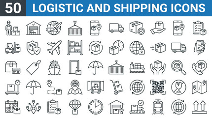 Shipping and Logistic vector line icon set. Contains linear outline icons like Delivery, Cargo, Transportation, Warehouse, Freight, Container, Supply Chain, Fulfillment. Editable use and stroke. © STM  2.0