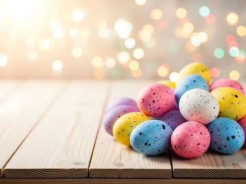 Vibrant easter eggs in a festive basket setting with colorful background lights