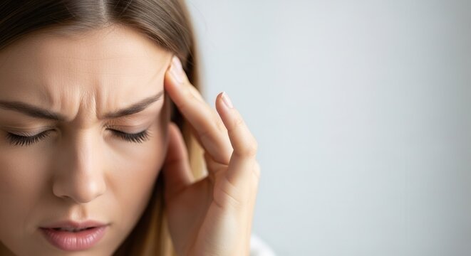 Close-up of woman touching temple with hand suffering from cluster headache or sharp migraine pain. Concept of high blood pressure, stress at work, and neurological health issues.