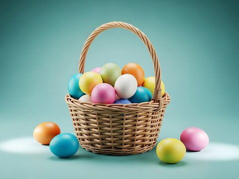 Vibrant easter basket filled with colorful eggs on pastel background
