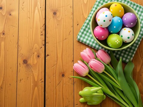 Easter basket with colorful eggs and tulips on wooden table for spring holiday