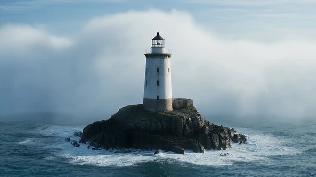 Towering white lighthouse stands sentinel on a rocky outcrop amidst churning seas