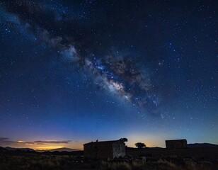 Fototapeta premium Milky Way over rural landscape with old buildings at night time