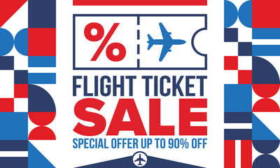 Fototapeta premium Flight Ticket Sale Promotional Banner with Airplane Icon and Up to 90 Percent Off Special Offer