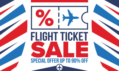 Flight Ticket Sale Promotional Banner with Airplane Icon and Up to 90 Percent Off Special Offer
