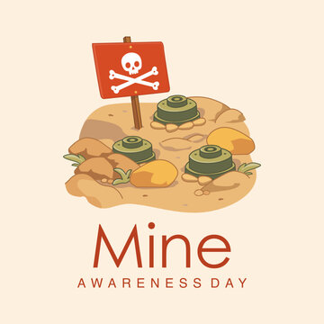 mine awareness day illustration with landmines and danger sign