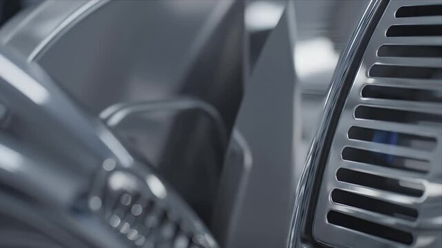 Close up of polished chrome mechanical engine parts with textured grid detail and soft ambient lighting a futuristic