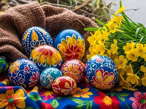 Vibrant easter basket with colorful eggs and yellow flowers on floral fabric