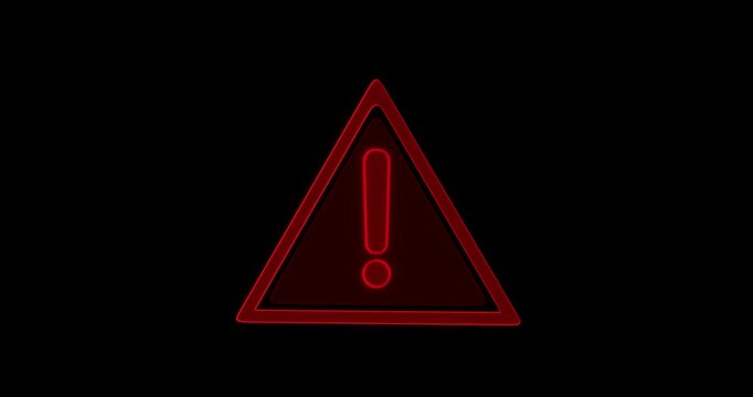 Glowing red warning triangle with exclamation mark on dark background, futuristic neon hazard alert symbol for danger, security, system error, or emergency notification seamless loop, 3D animation.