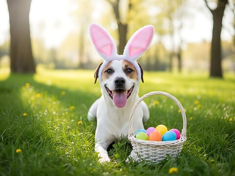 Adorable dog wearing easter bunny ears with colorful easter basket full of eggs in a sunny green field