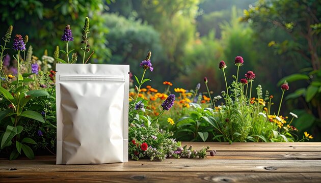 Blank seed packet on wooden table in blooming garden with flowers and greenery