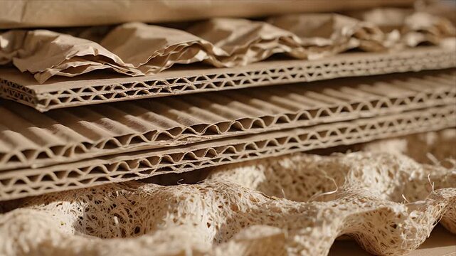 Close-up of stacked corrugated cardboard and molded pulp packaging materials with textured surfaces and warm lighting