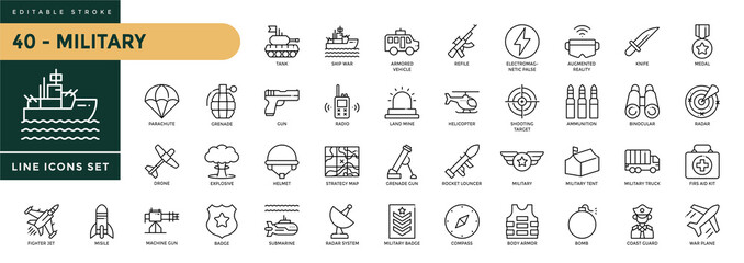 A collection of Military icons set with editable stroke, including Tank, Fighter Jet, Warship, Radar, Soldier, Missile, Gun, Rifle, Cannon. Thin linear vector illustration. © Trisula Icons
