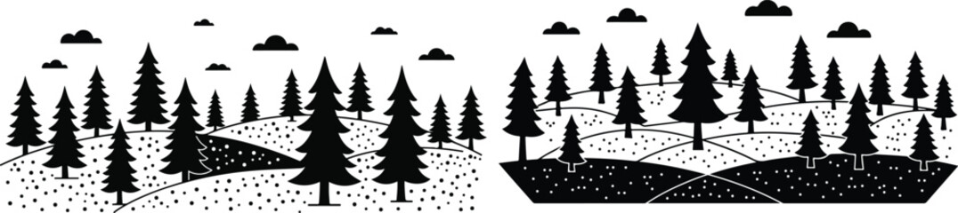 Black and white illustration of coniferous forest landscape with trees and hills © Tipu