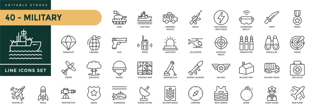 A collection of Military icons set with editable stroke, including Tank, Fighter Jet, Warship, Radar, Soldier, Missile, Gun, Rifle, Cannon. Thin linear vector illustration.
