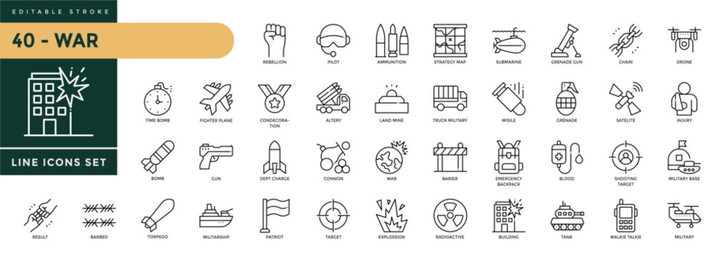 A collection of War icons set with editable stroke, including shelter, soldiers, injured, onflict, missile, bomb, combat, army, tank, conflict, military, missile. Thin linear vector illustration.