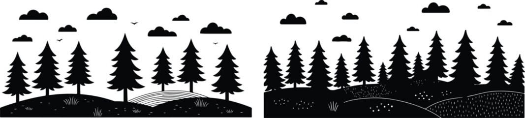 Black silhouette of pine forest landscape with hills and mountains © Tipu