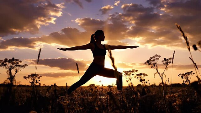 Woman in yoga pose silhouetted against dramatic sunset sky over a field